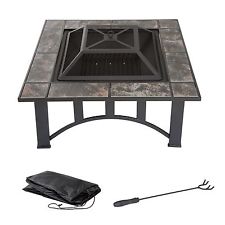 Pure Garden 33 Inch Square Tile Fire Pit with Cover Poker and Grate